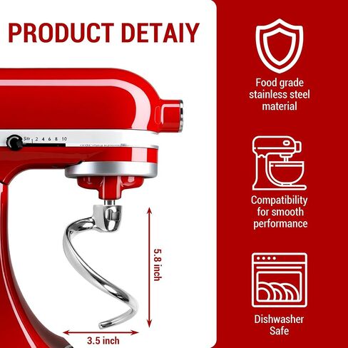 Stainless Steel Spiral Dough Hook for KitchenAid 4.5QT & 5QT Tilt-Head Stand Mixer, Efficient Dough Hook Attachment for Bread, Pizza & Pasta, Dishwasher Safe in Kuwait