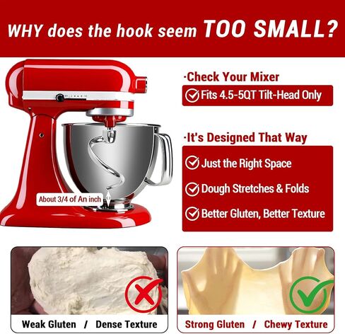 Stainless Steel Spiral Dough Hook for KitchenAid 4.5QT & 5QT Tilt-Head Stand Mixer, Efficient Dough Hook Attachment for Bread, Pizza & Pasta, Dishwasher Safe in Kuwait