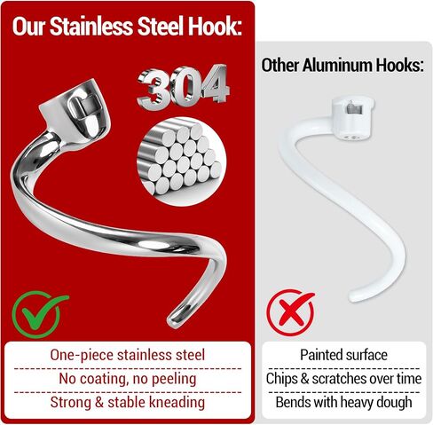 Stainless Steel Spiral Dough Hook for KitchenAid 4.5QT & 5QT Tilt-Head Stand Mixer, Efficient Dough Hook Attachment for Bread, Pizza & Pasta, Dishwasher Safe in Kuwait