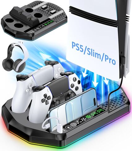 Cooling Station with Controller Charger for PS5/Slim/Pro, PlayStation 5 Vertical Stand for Disc & Digital Console, Dual PS 5 Controller Charging Station with 3 Level Cooling Fan, PlayStation 3 Games in Saudi Arabia