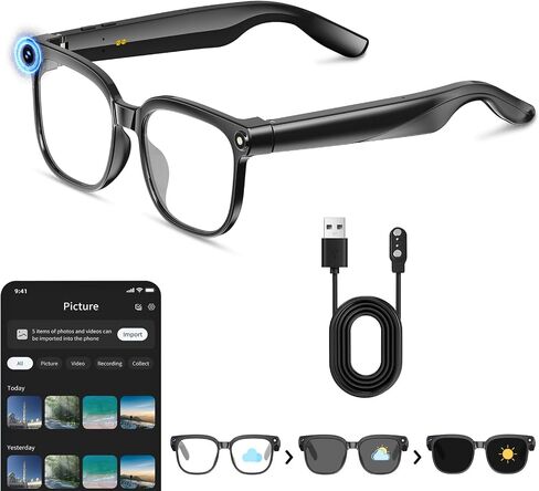 Smart Glasses with Camera, 8MP Anti-Shake Photochromic Smart Glasses | 1200P HD Video, Real Time Translation, AI Voice Assistant, Open Earbuds, Travel, Work in Saudi Arabia