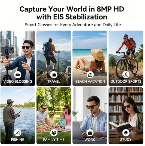 AI Smart Glasses with Camera, 8MP HD Bluetooth Camera Glasses for Women Men | 1080P Video Recording Sunglasses, Real Time Translation, Voice Assistant, Open Earbuds, Travel, Work, Vlog in Saudi Arabia