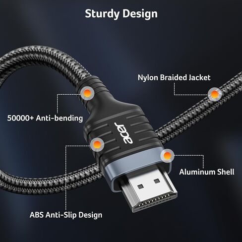 كابل Acer HDMI 2.1 بطول 6.6 أقدام (8K عند 60 هرتز، 4K عند 120 هرتز) سلك مجدول عالي السرعة 48 جيجابت في الثانية | كابل HDMI معتمد يدعم HDR10+/HDCP 2.2 وARC/eARC، متوافق مع PS5، PS4، Xbox، الشاشات، أجهزة الكمبيوتر المحمولة، Roku TV، HDTV in Kuwait