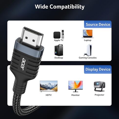 كابل Acer HDMI 2.1 بطول 6.6 أقدام (8K عند 60 هرتز، 4K عند 120 هرتز) سلك مجدول عالي السرعة 48 جيجابت في الثانية | كابل HDMI معتمد يدعم HDR10+/HDCP 2.2 وARC/eARC، متوافق مع PS5، PS4، Xbox، الشاشات، أجهزة الكمبيوتر المحمولة، Roku TV، HDTV in Kuwait