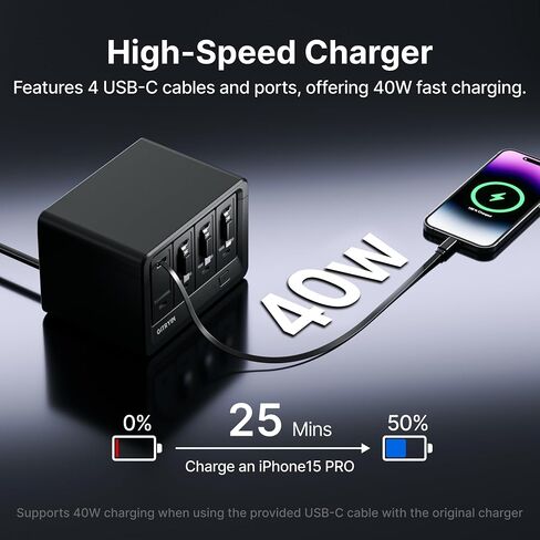 12-in-1 Desktop Charging Station, 160W USB Retractable GaN Charger | Modular Charging Hub for Multiple Device, 3 Retractable Type-C Chargers, 1 Lightning, 4 AC, 4 USBC, 33.5in Cables, Black in Saudi Arabia