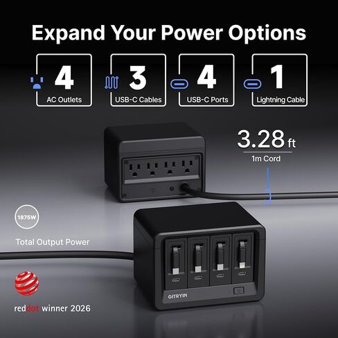 12-in-1 Desktop Charging Station, 160W USB Retractable GaN Charger | Modular Charging Hub for Multiple Device, 3 Retractable Type-C Chargers, 1 Lightning, 4 AC, 4 USBC, 33.5in Cables, Black in Saudi Arabia