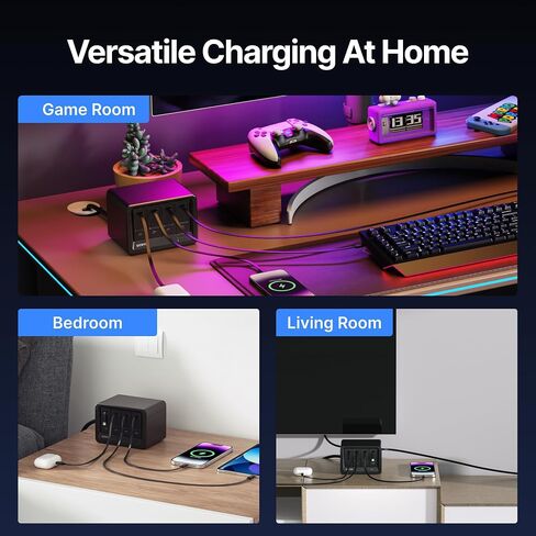 12-in-1 Desktop Charging Station, 160W USB Retractable GaN Charger | Modular Charging Hub for Multiple Device, 3 Retractable Type-C Chargers, 1 Lightning, 4 AC, 4 USBC, 33.5in Cables, Black in Saudi Arabia