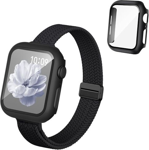 Knossen Slim Band and Case Compatible with Apple Watch Bands for Women 40mm | 3-in-1 Thin Magnetic Stretchy Strap and Screen Protector Cover, for iWatch Series 4-11/SE/SE2/SE3 42mm 41mm 44mm 45mm 46mm in Saudi Arabia
