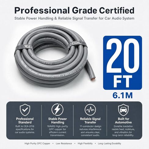 RECOIL SW11C16-20 كابل مكبر صوت 20 قدم 11 موصل 16AWG Pure OFC صوت السيارة | سترة فائقة المرونة وسهلة التقشير، 5 أزواج من سلك مكبر الصوت + سلك تحكم عن بعد in Kuwait
