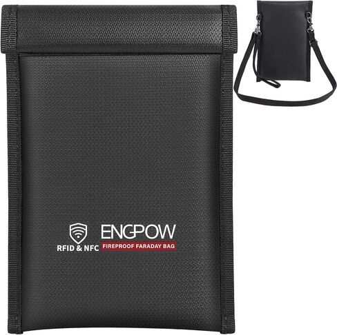 ENGPOW Military Grade Faraday Bag for Phones, Signal Blocking Pouch Black | Fireproof, Waterproof, Anti-Tracking, RFID Blocker (5G/GPS/WiFi/Bluetooth) with Detachable Shoulder Straps, for Daily Travel in Saudi Arabia