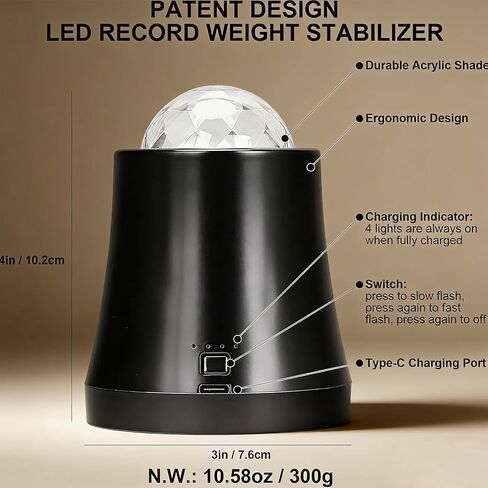 300g Vinyl Record Weight Stabilizer with LED Ambient Light, Premium Metal Turntable Weight with Protective Pad, Boosts Sound Quality, 2 Modes 10 Light Patterns, Type-C Cable for LP Record Player-Black in Saudi Arabia