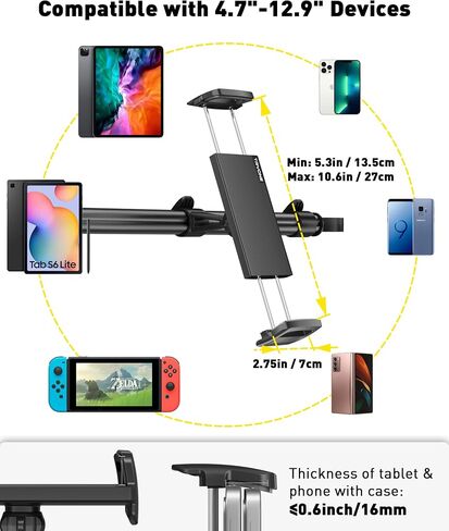 Tryone Car Tablet Holder Mount for iPad: Headrest Tablet Stand for Car Back Seat Compatible with iPad Pro Air Mini | Galaxy Tab | Kindle Fire HD | Switch OLED or Other 4.7-16.1" Devices in Saudi Arabia