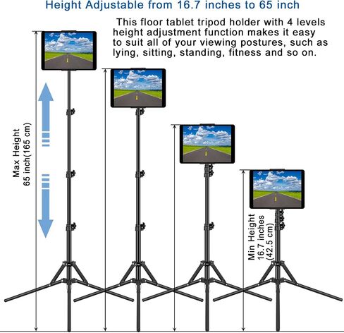 Ipad Tripod Stand, with 65 inch Height Adjustable iPad Stand Holder & iPad Floor Stand with 360° Rotating iPad Tripod Mount for iPad Pro, iPhone, Kindle, and All 4.5-12.9 Inch Tablets in Saudi Arabia
