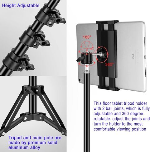 Ipad Tripod Stand, with 65 inch Height Adjustable iPad Stand Holder & iPad Floor Stand with 360° Rotating iPad Tripod Mount for iPad Pro, iPhone, Kindle, and All 4.5-12.9 Inch Tablets in Saudi Arabia