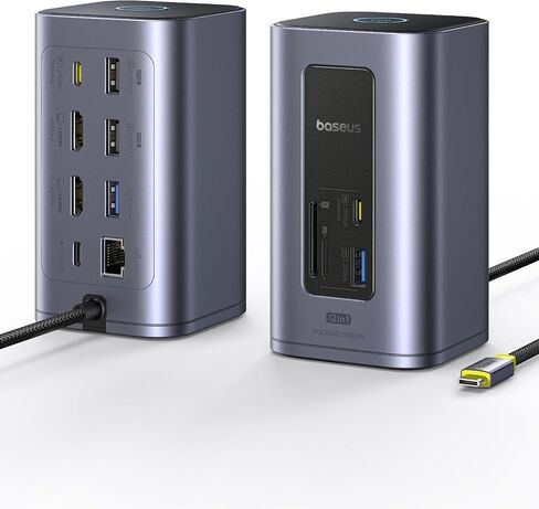 Baseus Nomos Air Docking Station 12-in-1 with 2 Monitors for Windows | 2 x HDMI 4K@60Hz, 4 x USB-C/A 10Gbps, Ethernet 1 Gbps, 100W PD, SD/TF, Compatible with Laptops Dell/HP/Mac/Lenovo/Acer in Kuwait