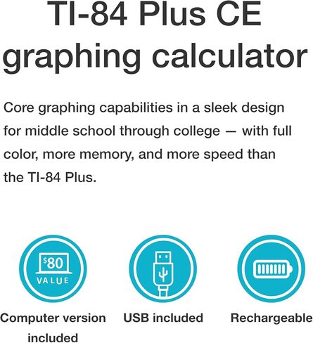 Texas Instruments TI-84 Plus CE Color Graphing Calculator, Black | Computer version included, USB charging, Full color, Faster than TI-84 Plus in Kuwait