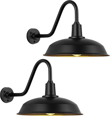 15" Black Outdoor Gooseneck Barn Lights, Farmhouse Wall，2-Pack | outdoor gooseneck barn lights with black metal shades and E26 sockets for garage, porch, patio and exterior walls in Saudi Arabia