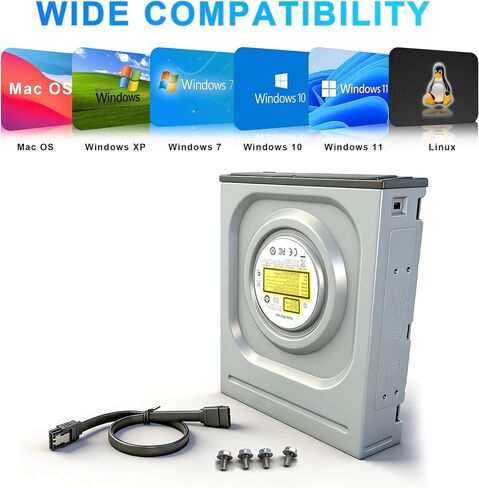 Internal 5.25 SATA DVD/CD Burner, 24x Optical Drive for PC Tower | Win7/8/10/11/XP/Mac/Linux compatible · Screwdriver, SATA cable, screws & disc sleeves included in Kuwait