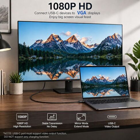 كابل BERLAT USB C إلى VGA بطول 6FT 1080P لجهاز MacBook iPhone Dell | محول USB C إلى VGA بطول 6 أقدام، مخرج فيديو 1080 بكسل، التوصيل والتشغيل، لأجهزة MacBook/iPad/iPhone/Samsung/Dell، بدون صوت، بدون شحن in Kuwait