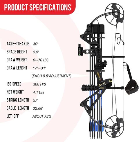 Sanlida Dragon X7 Ready to Hunt Compound Bow Package for Adults, Archery Compound Bow and Arrow Set, 0-70 Lbs Draw Weight, No Bow Press Needed, RH Only, Limited Life-time Warranty in Kuwait