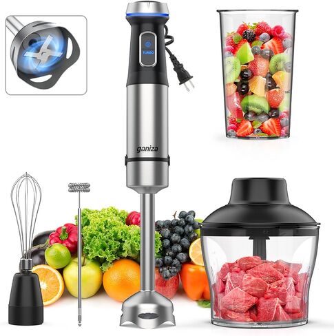 Ganiza Immersion Blender 5 in 1 Hand Blender Max 1000W Heavy Duty Motor | 16 Speed Mode Handheld Blender, Stainless Steel Blade With 800ml Mixing Beaker, 600ml Chopper, Whisk and Milk Frother in Saudi Arabia