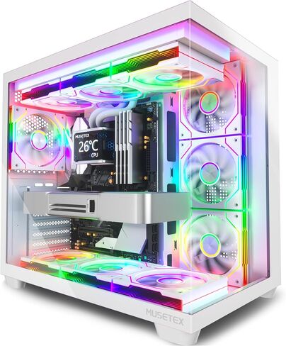 MUSETEX Y6 PC Case, Pre-Installed 7 Infinity Mirror PWM ARGB Fans, ATX Mid Tower Computer Case, Gaming PC Case with Type-C, 270° Full View Tempered Glass, White in Saudi Arabia
