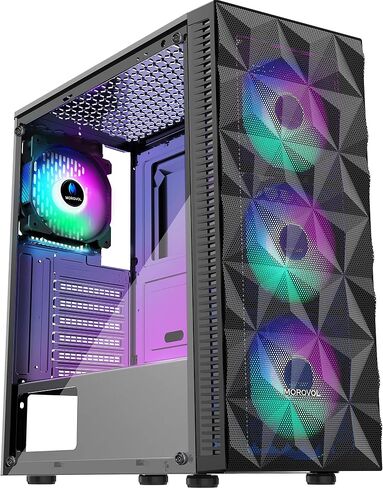 حافظة كمبيوتر MOROVOL مثبتة مسبقًا 4 مراوح RGB، حافظة كمبيوتر ألعاب ATX مع لوحة أمامية شبكية على شكل ماسي ولوحة جانبية من الزجاج المقسى، حافظة متوسطة الحجم لتدفق الهواء USB 3.0، 621 in Kuwait