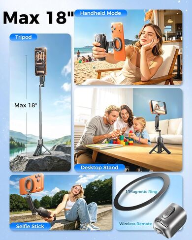 Mini Magnetic Selfie Stick Tripod for MagSafe, Pocket 4.8" Design, 4-in-1 | Zoom Control, Ergonomic Phone Grip, Detachable Multi-Function Bluetooth Remote and Up to 18" Extendable Selfie Stick in Saudi Arabia