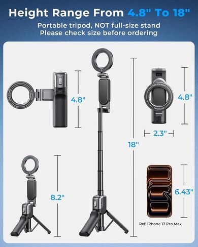Mini Magnetic Selfie Stick Tripod for MagSafe, Pocket 4.8" Design, 4-in-1 | Zoom Control, Ergonomic Phone Grip, Detachable Multi-Function Bluetooth Remote and Up to 18" Extendable Selfie Stick in Saudi Arabia