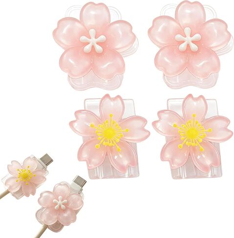 Cute Charger Cable Protector，Pink Flower Phone Cord Decoration Accessories | 4Pcs Pink Sakura, Floral Shape Phone Decorations，Kawaii Charger Cover for Women, Anti-Fray Clear Resin Cable Saver in Saudi Arabia