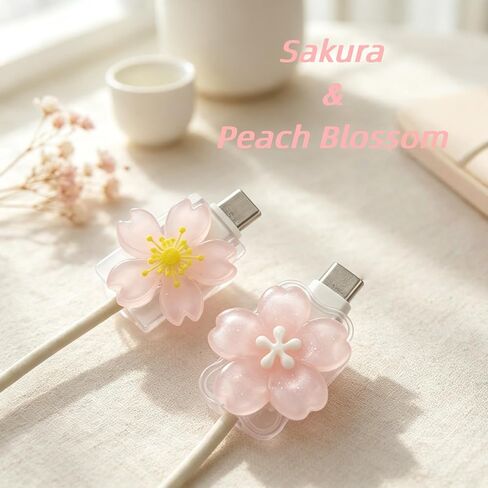 Cute Charger Cable Protector，Pink Flower Phone Cord Decoration Accessories | 4Pcs Pink Sakura, Floral Shape Phone Decorations，Kawaii Charger Cover for Women, Anti-Fray Clear Resin Cable Saver in Saudi Arabia