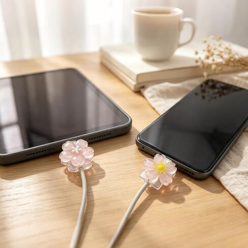 Cute Charger Cable Protector，Pink Flower Phone Cord Decoration Accessories | 4Pcs Pink Sakura, Floral Shape Phone Decorations，Kawaii Charger Cover for Women, Anti-Fray Clear Resin Cable Saver in Saudi Arabia