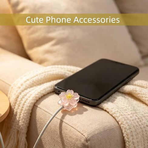 Cute Charger Cable Protector，Pink Flower Phone Cord Decoration Accessories | 4Pcs Pink Sakura, Floral Shape Phone Decorations，Kawaii Charger Cover for Women, Anti-Fray Clear Resin Cable Saver in Saudi Arabia