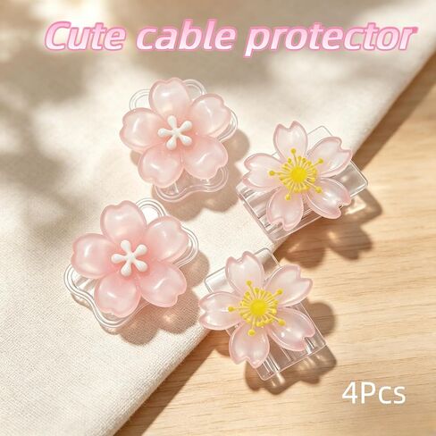 Cute Charger Cable Protector，Pink Flower Phone Cord Decoration Accessories | 4Pcs Pink Sakura, Floral Shape Phone Decorations，Kawaii Charger Cover for Women, Anti-Fray Clear Resin Cable Saver in Saudi Arabia