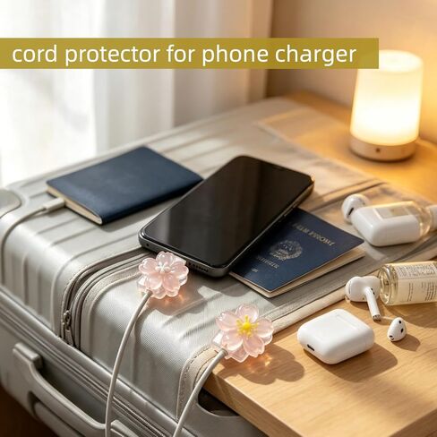 Cute Charger Cable Protector，Pink Flower Phone Cord Decoration Accessories | 4Pcs Pink Sakura, Floral Shape Phone Decorations，Kawaii Charger Cover for Women, Anti-Fray Clear Resin Cable Saver in Saudi Arabia