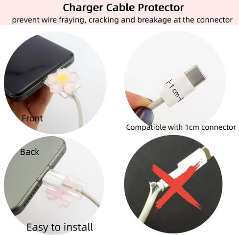 Cute Charger Cable Protector，Pink Flower Phone Cord Decoration Accessories | 4Pcs Pink Sakura, Floral Shape Phone Decorations，Kawaii Charger Cover for Women, Anti-Fray Clear Resin Cable Saver in Saudi Arabia