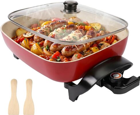 15'' Ceramic Nonstick Electric Skillet with Tempered Vented Glass Lid,Thermostat Control to Prevent Overheating,Removable Easy-to-Clean,Vibrant Red in Saudi Arabia