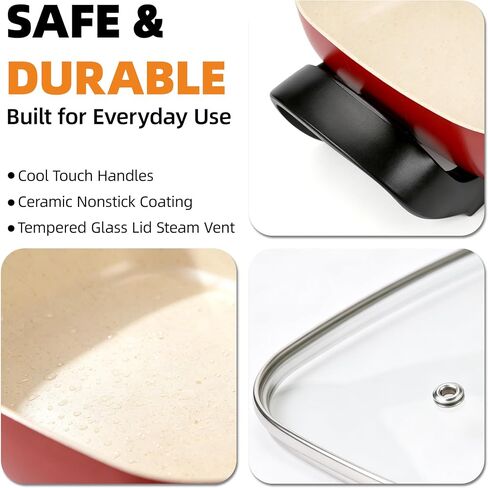15'' Ceramic Nonstick Electric Skillet with Tempered Vented Glass Lid,Thermostat Control to Prevent Overheating,Removable Easy-to-Clean,Vibrant Red in Saudi Arabia