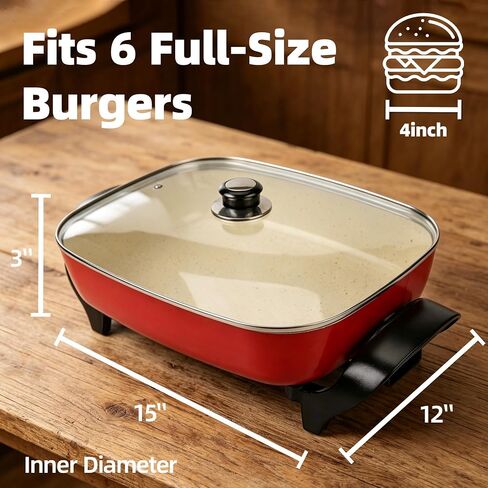 15'' Ceramic Nonstick Electric Skillet with Tempered Vented Glass Lid,Thermostat Control to Prevent Overheating,Removable Easy-to-Clean,Vibrant Red in Saudi Arabia