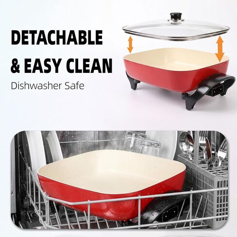 15'' Ceramic Nonstick Electric Skillet with Tempered Vented Glass Lid,Thermostat Control to Prevent Overheating,Removable Easy-to-Clean,Vibrant Red in Saudi Arabia