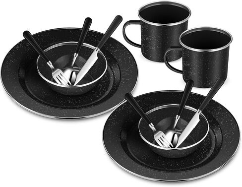 Nuogo 12 Pcs Enamel Camping Tableware Set Dinnerware Kit | Includes 12 oz Coffee Mugs Camping Plates Bowls, Utensils Set with Knife Fork Spoon, for 2 People Hiking Picnic Outdoor in Saudi Arabia