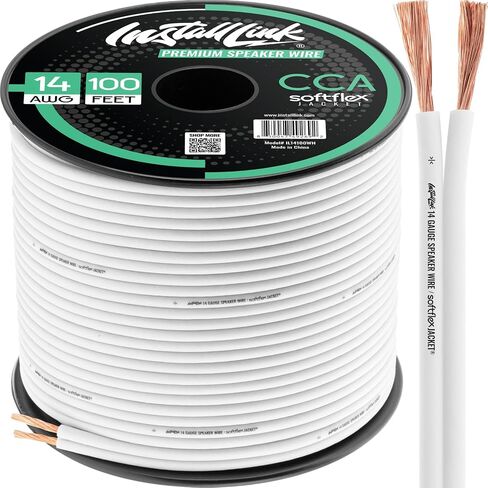تثبيت سلك مكبر الصوت مقاس 14 AWG (100 قدم) للسيارة أو المسرح المنزلي (CCA) | كابل مكبر صوت 14/2، موصلان، أبيض، شريط سهل، معرف القطبية، لأنظمة صوت السيارة والستيريو المنزلي in Kuwait