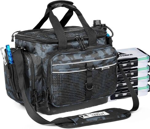 Ghosthorn Waterproof Fishing Tackle Bag with 4 3600 Boxes Lure Organizer | Fishing Tackle Bag 3600 Trays Included with Removable Dividers Storage Lure Box Tackle Backpack for Lures, Hooks and Gears in Saudi Arabia