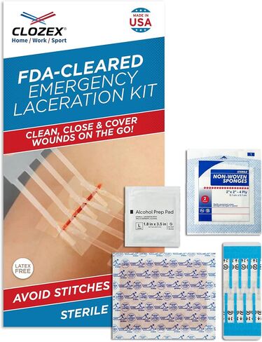 Clozex Emergency Laceration Kit - Repair Wounds Without Stitches, Skin Closure Device for a Wound Up to 1 1/2 Inches Length. Complete Kit to Clean, Close, & Cover Wounds in Kuwait