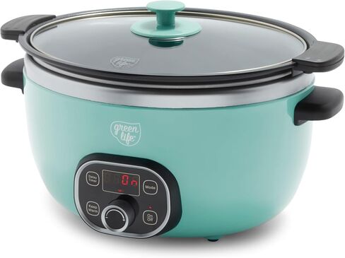 GreenLife 6QT Ceramic Nonstick Slow Cooker, Cooktop/Oven Safe, Cream | PFAS-Free Nonstick Removeable Inner Pot, Dishwasher Safe Components, Programmable, Keep Warm, Delay Timer, Family Sized in Saudi Arabia