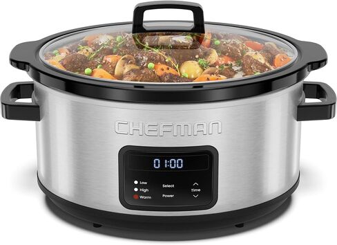 Chefman Slow Cooker 7 Quart, Large Family Size Programmable Digital Slow Cooker with 24-Hour Timer, Low, High & Warm Settings, Ceramic Crock, Tempered Glass Lid, Dishwasher-Safe, Stainless Steel in Kuwait