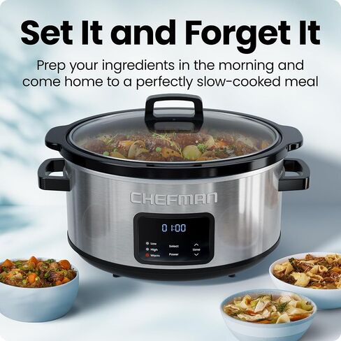 Chefman Slow Cooker 7 Quart, Large Family Size Programmable Digital Slow Cooker with 24-Hour Timer, Low, High & Warm Settings, Ceramic Crock, Tempered Glass Lid, Dishwasher-Safe, Stainless Steel in Kuwait