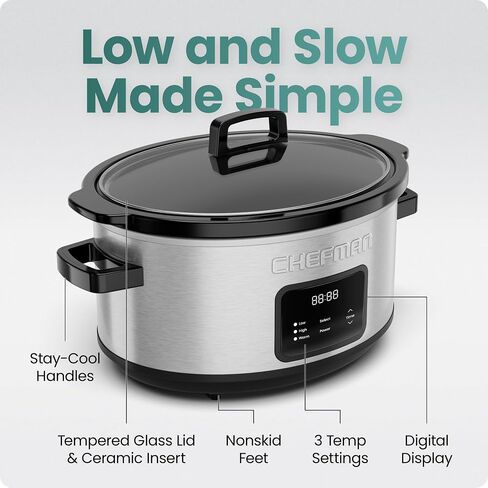 Chefman Slow Cooker 7 Quart, Large Family Size Programmable Digital Slow Cooker with 24-Hour Timer, Low, High & Warm Settings, Ceramic Crock, Tempered Glass Lid, Dishwasher-Safe, Stainless Steel in Kuwait