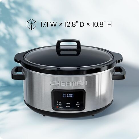 Chefman Slow Cooker 7 Quart, Large Family Size Programmable Digital Slow Cooker with 24-Hour Timer, Low, High & Warm Settings, Ceramic Crock, Tempered Glass Lid, Dishwasher-Safe, Stainless Steel in Kuwait