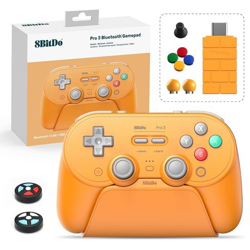 وحدة تحكم بلوتوث 8Bitdo Pro 3 مع عصا التحكم TMR (برتقالي) | أزرار ABXY قابلة للتبديل، أزرار خلفية احترافية، مشغلات القاعة، قاعدة شحن، للمفتاح/التبديل 2، ويندوز، أبل، ستيم أو إس، أندرويد in Kuwait